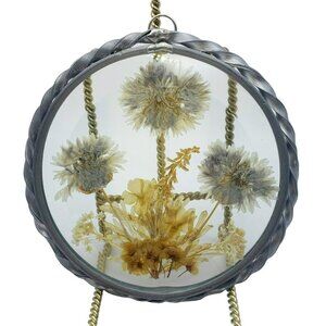 Vintage Dried Pressed Flowers Round Glass Pewter Framed Sun Catcher